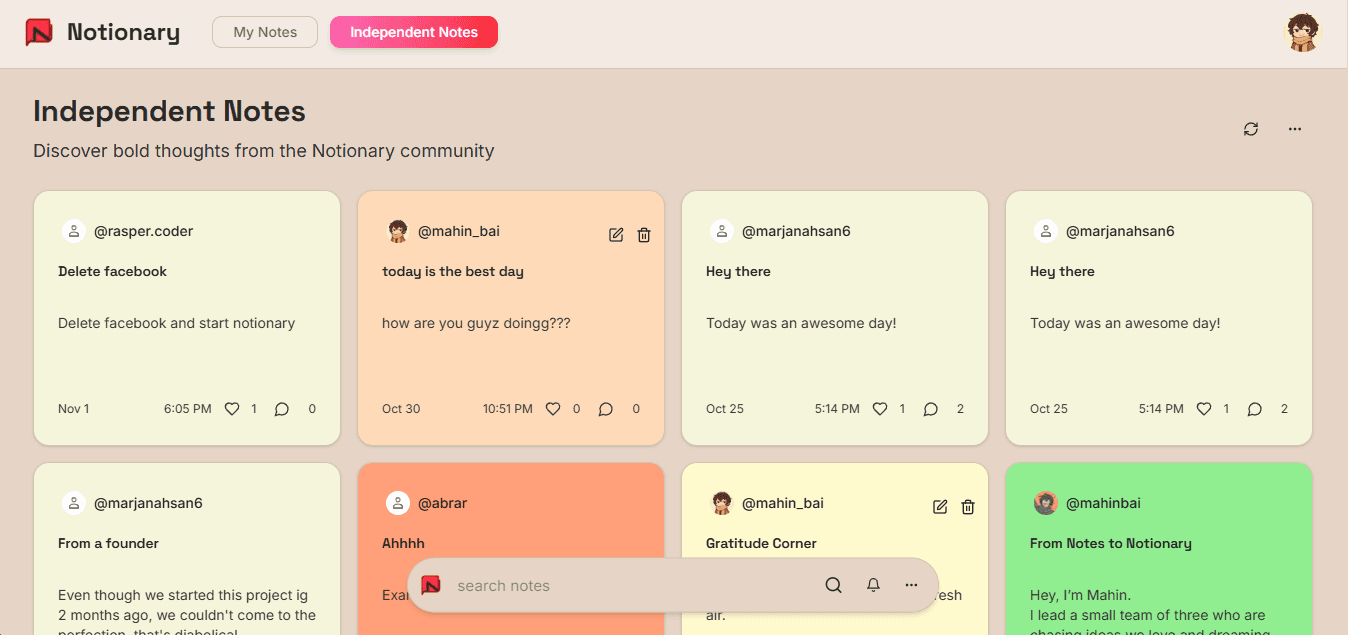 Independent Notes Dashboard